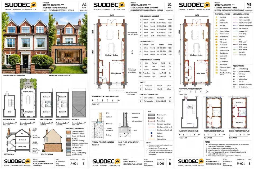 Suddeco working drawings: plans, elevations, sections and construction details